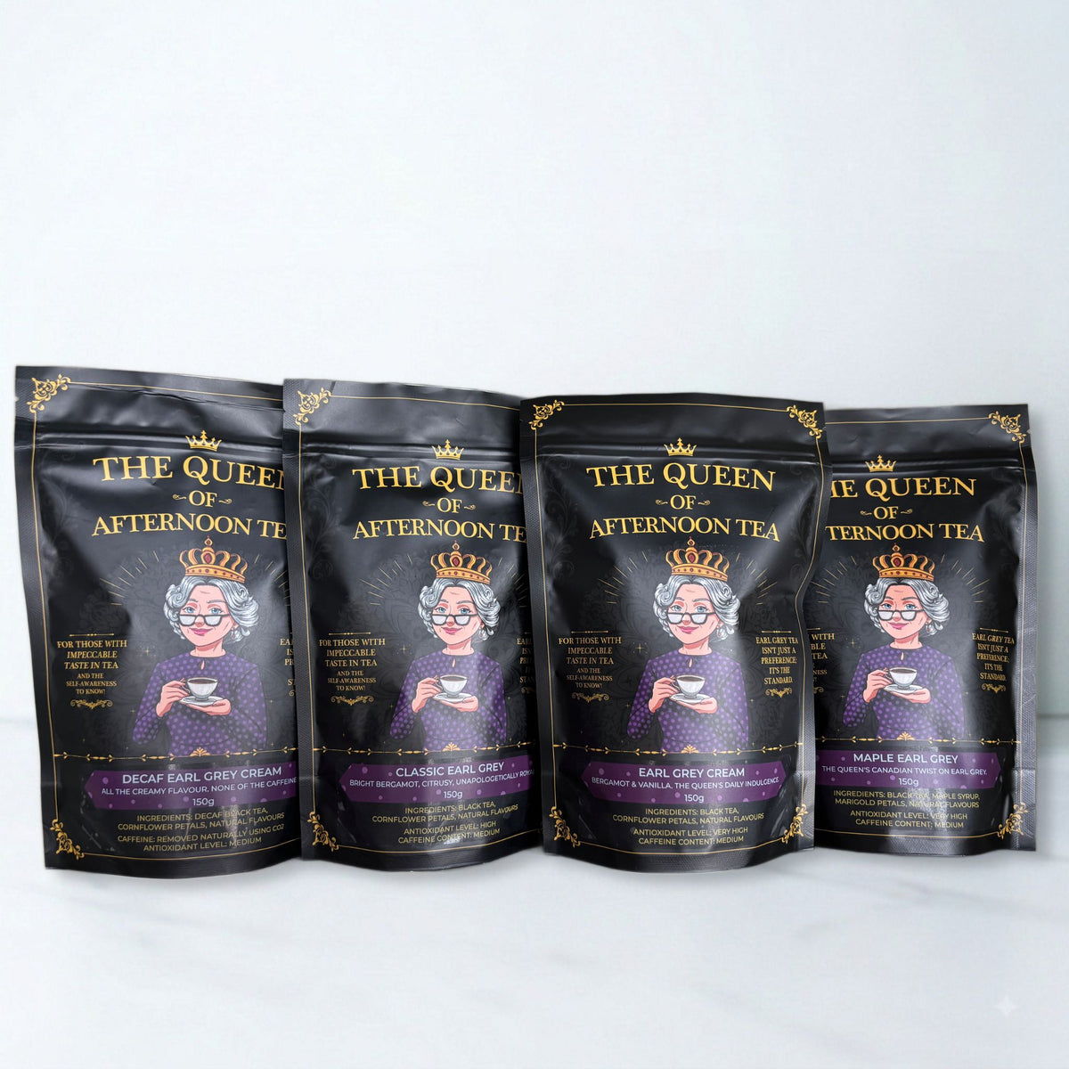 Translation missing: en.All four (4) proper Earl Greys: Classic, Cream, Decaf Cream, and Maple - in full 150g pouches. 