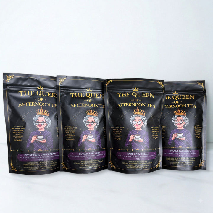 Translation missing: en.All four (4) proper Earl Greys: Classic, Cream, Decaf Cream, and Maple - in full 150g pouches. 